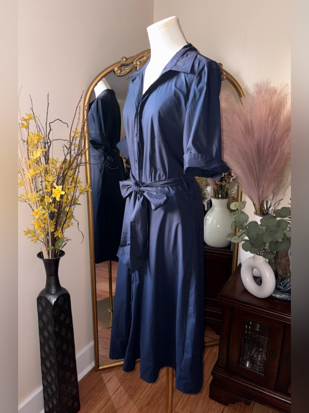 Lauren Ralph Lauren black label Navy button up maxi Dress with Tie Belt - Picture 4 of 9